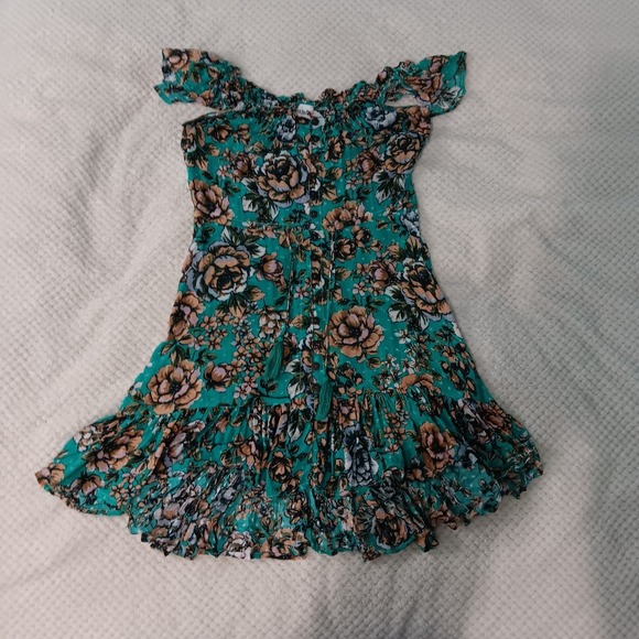 Green Floral Boho Bohemian Ruffle‎ Mini Dress By Sundays Small - Picture 1 of 8